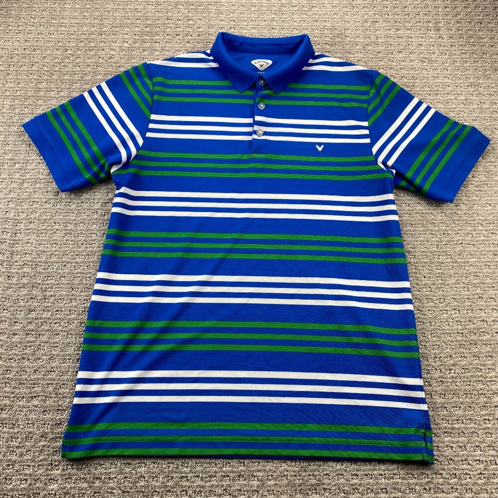Callaway Golf Shirt Men Medium M Blue White Green Striped Polo Casual Golfer